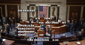 Screenshot of House Floor Live Feed showing the final vote tally for H.R. 1834, legislation to extend the Enhanced ACA Premium Tax Credits for three years, through 2028. The screenshot shows the bill has passed, 230-196.