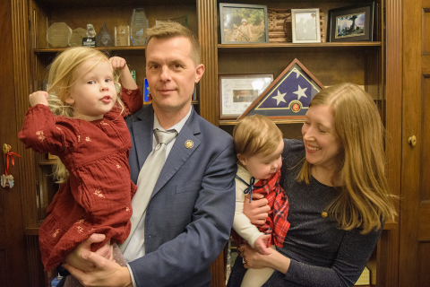 Congressman Jared Golden, ME-02, with his family in his Washington, DC, office shortly after being sworn in for his fourth term in the U.S. House of Representatives. Golden is joined by his wife, Isobel, and daughters Rosemary (left) and Shirley. 