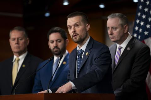 Rep. Jared Golden, ME-02, speaks to reporters during a press conference Wednesday, March 6, 2024, at the Capitol. 