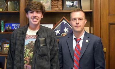 Elden Irish, winner of the Congressional Art Competition for Maine’s 2nd Congressional District, left, with Congressman Jared Golden (ME-02) at Golden’s D.C. Office on Thursday, June 25, 2026.