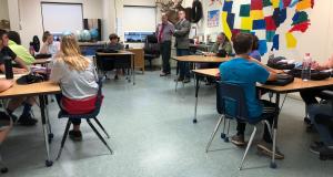 Congressman Jared Golden speaks to a class of students.