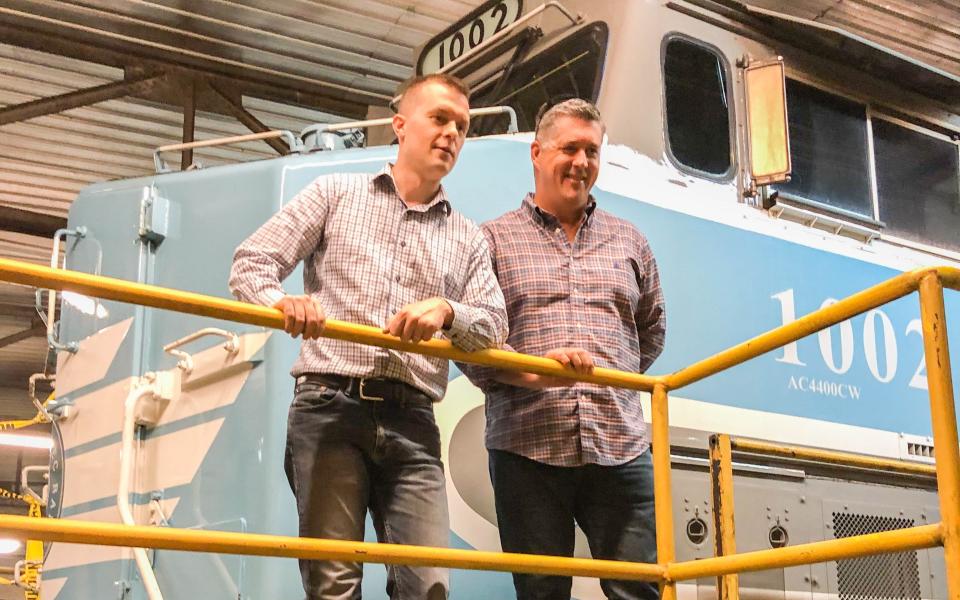 Congressman Jared Golden at the rail yard.