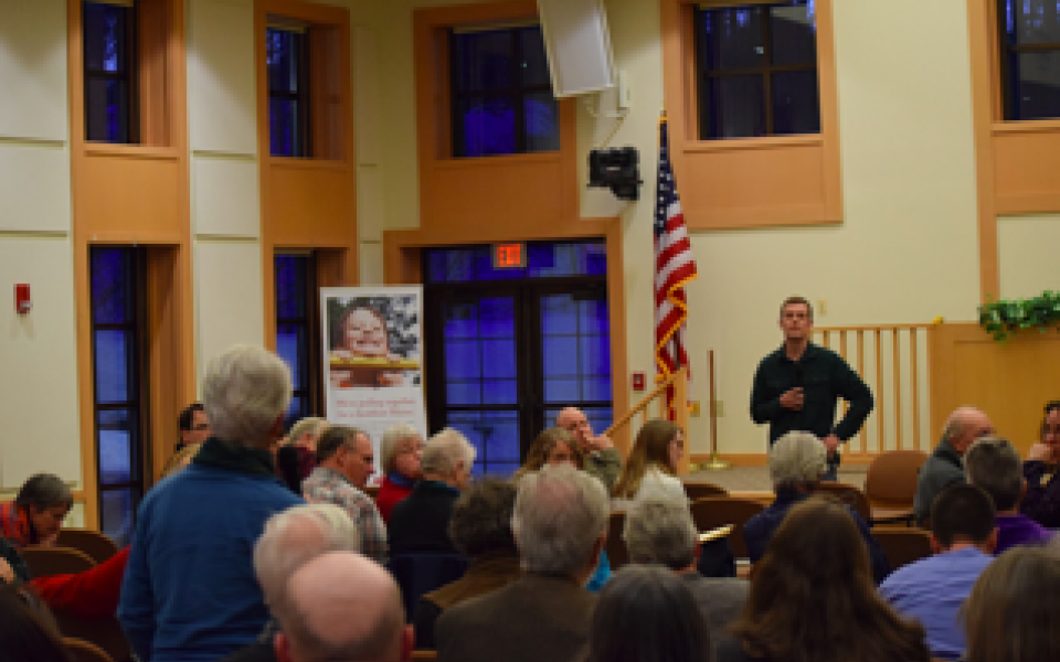 Congressman Jared Golden at the Farmington town hall.