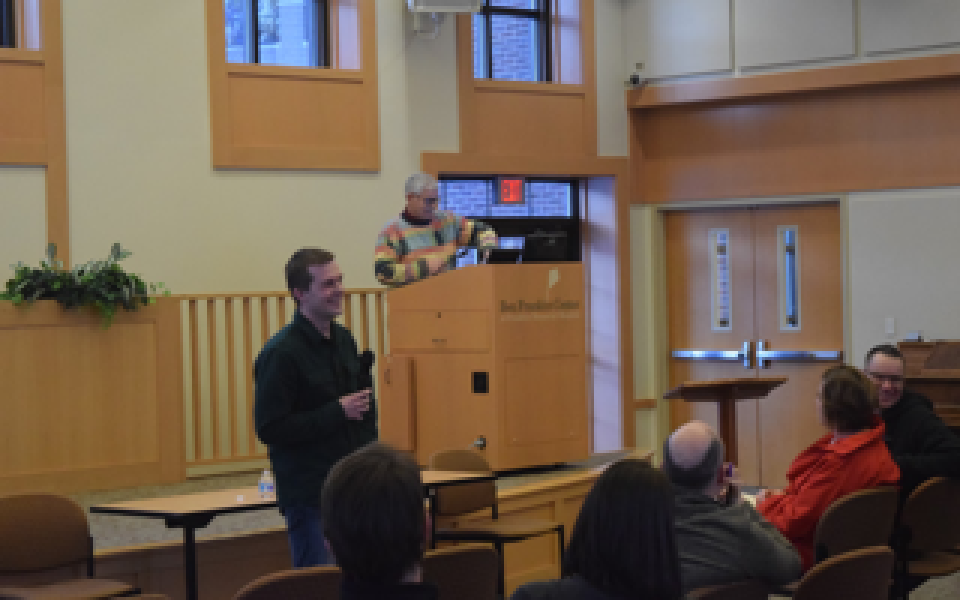 Congressman Jared Golden at Farmington town hall.